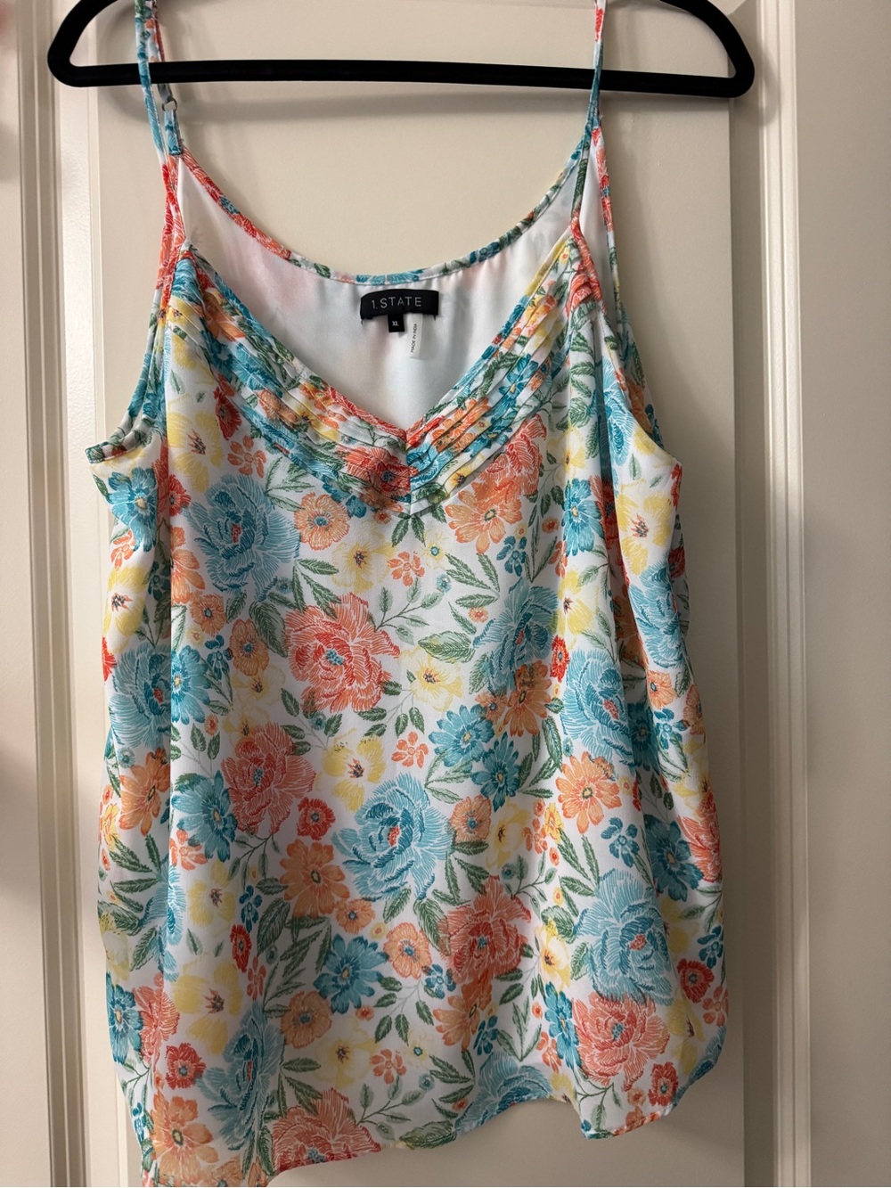 1. State Floral V-Neck Spaghetti Strap Cami - White with Coral & Teal